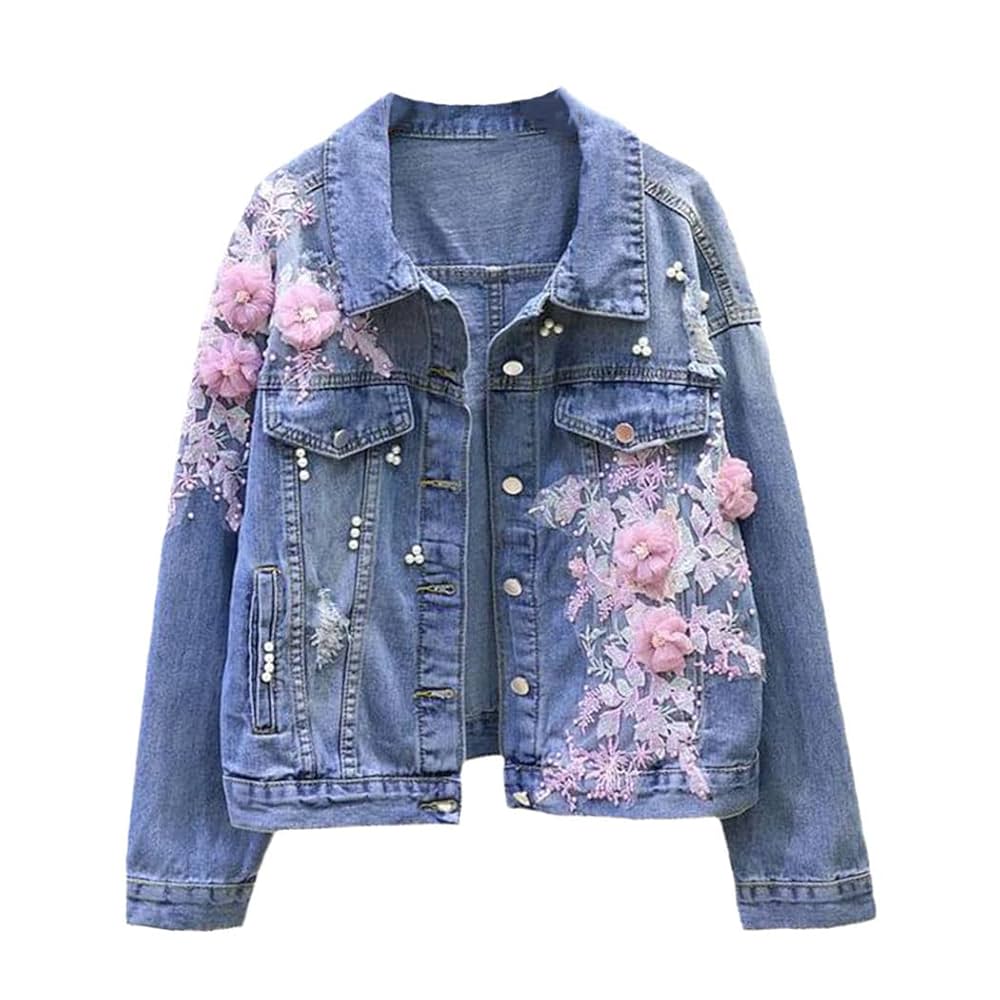Amazon.co.jp: 秋の女性のデニムジャケット刺繍花柄ジーンズ